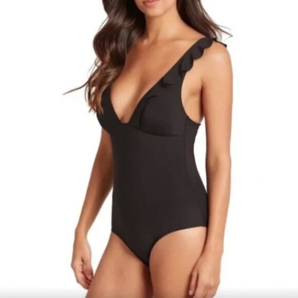 Sea Level Swim Swimsuit Womens Plunge One Piece Frill Black SZ 12 - Picture 1 of 13